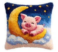 Taxpy Latch Hook Kits for Adults Beginners,Pig On The Moon Pre-Printed Latch Hook Pillow Kit,Craft Rug Making Kits,DIY Embroidery Cushion for Home Sofa Decor & Gift Idea 17X17 in.