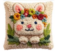 Taxpy Latch Hook Kits for Adults Beginners, Rabbit with A Flower Wreath Latch Hook Pillow Kit Pre-Printed Latch Hook Rug Kits Cross-Stitch Embroidery Cushion for Home Sofa Decoration 17X17 in