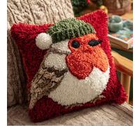 Taxpy Latch Hook Kits for Adults Beginners Robin Wearing A Christmas Hat 17X17 in DIY Crochet Pillow Kit Pre-Printed Pillowcase Hook and Latch Rug Kits Needlework Cushion Cover for Home Sofa Decor