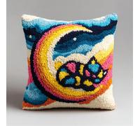Taxpy Latch Hook Kits for Adults Kids DIY Cat On The Moon Pillow Cover Beginner Cross Stitch Kits with Preprinted Canvas Crochet Yarn Embroidery Hooking Sofa Home Decor 17'' X 17''