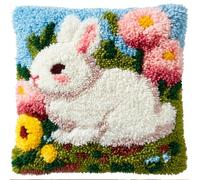 Taxpy Latch Hook Kits for Adults Kids DIY Cute White Rabbit and Flowers Pillow Cover Beginner Cross Stitch Kits with Preprinted Canvas Crochet Yarn Embroidery Hooking Sofa Home Decor 17'' X 17''