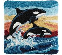 Taxpy Latch Hook Kits for Adults Kids DIY Whale Orcas Jump from Ocean Pillow Cover Beginner Cross Stitch Kits with Preprinted Canvas Crochet Yarn Embroidery Hooking Sofa Home Decor 17'' X 17''