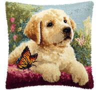 Taxpy Latch Hook Kits for Adults,Labrador and Butterfly/3D DIY Pre-Printed Craft Latch Hook Pillow Kits Fit for Throw Pillow Cover Sofa Cushion Cover,17X17 in