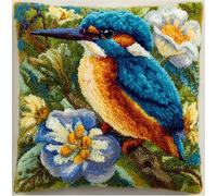 Taxpy Latch Hook Kits for DIY Throw Pillow Cover, Kingfisher and Flowers Colorful Handmade Pillow Case Cross-Stitch Embroidery Cushion for Home Decoration, Festival Gift 17X17Inch