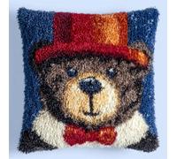 Taxpy Latch Hook Kits Pillow Bear in A Hat Crochet Yarn Cushion Colour Pre-Printed Canvas Rug Needlework DIY Pillowcase Hook and Latch Kit Christmas Home Arts Crafts Sofa Decoration 43X43Cm/17 X17