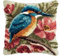 Taxpy Latch Hook Kits Pillow for Adults Kingfisher On The Flower Throw Pillow Pre-Printed Patterns Pillowcase Needlework Crochet Yarns Latch Hooking Cushion for Sofa Decor 17X17Inch