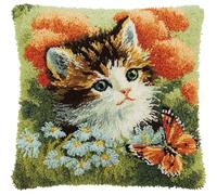 Taxpy Latch Hook Kits Pillow Kitten and Butterfly Crochet Yarn Cushion Colour Pre-Printed Canvas Rug Needlework DIY Pillowcase Hook and Latch Kit Christmas Home Arts Crafts Sofa Decoration 43X43Cm