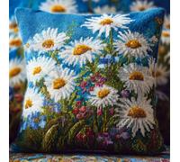 Taxpy Latch Hook Kits Pillow Meadow of Daisies 17X17 in Printed Canvas Cushion Crochet Yarn Needlework Hook Latch DIY Kit Embroidery Pillowcase Rug Cover Home Sofa Christmas Decoration