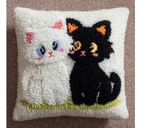 Taxpy Latch Hook Kits Pillow Printed Canvas DIY White Cat and A Black Cat 17X17 Inch Handmade Cushion Crochet Yarn Embroidery Needlework Hook Latch Kit Pillowcase Rug Cover Christmas Home Sofa Dec