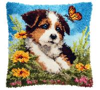 Taxpy Latch Hook Kits Pillow Puppy and Butterfly Crochet Yarn Cushion Colour Pre-Printed Canvas Rug Needlework DIY Pillowcase Hook and Latch Kit Christmas Home Arts Crafts Sofa Decoration 43X43Cm/
