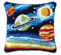 Taxpy Latch Hook Kits Pillow Space Planet Printed Cushion Crochet Yarn Embroidery Needlework Hook and Latch Kit Pillowcase Rug Cover Home Decor 43X43Cm