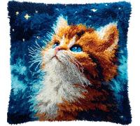 Taxpy Latch Hook Pillow Case Embroidery Kitskitten Looking Up at The Stars 17X17Inch Pre-Printed DIY Needlework Latch Hook Cushion Cover Kits for Kids & Adults Beginners,Cross-Stitch Sofa Cushion