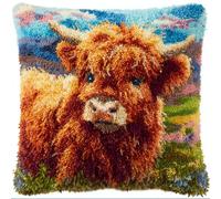 Taxpy Latch Hook Pillow Case Kits,Baby Scotland Highland Cow 17X17Inch 3D DIY Latch Hook Cushion Cover Kit,Knitting Kits Cushion for Adults and Beginners Rug Making Kit for Starters