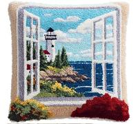 Taxpy Latch Hook Pillow Cover Kits for Adults Beginners,Lighthouse Outside The Window Pre-Printed Embroidery Cushion Kit Latch Hook Kit Cushion Cover Making for DIY Starter Project,17X17Inch