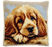 Taxpy Latch Hook Pillow Kit for Adults &, Cocker Spaniel Dog Puppy DIY Pre-Printed Cross-Stitch Embroidery Canvas Craft, 17X17 Inch Decorative Throw Pillow Cover for Sofa Cushions, Bedroom De