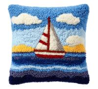 Taxpy Latch Hook Pillow Kits, Sailboats at sea Pillowcase with Preprinted Throw Pillow Crochet Yarns Knitted Latch Hooking Cushion for Home Sofa 17x17inch