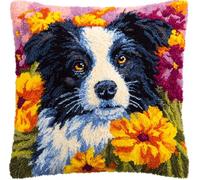 Taxpy Latch Hook Pillowcase Embroidery Kit,Border Collie and Flowers, 17X17 Inch Pre-Printed Latch Hook Rug Cushion Cover Kits for Adults and Beginners Cross-Stitch Embroidery Cushion Kit for Home