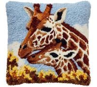Taxpy Pre-Printed DIY Embroidery Latch Hook Pillow Cover Kit,Giraffe Mother and Baby,43X43Cm Animal Cross Stitch Cushion Covers Kits DIY Craft Needlework Pillowcase Latch Hook Cushion Kits for Ki