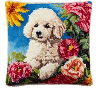 Taxpy Pre-Printed DIY Embroidery Latch Hook Pillow Cover Kit,Poodle and Flowers,43X43Cm Animal Cross Stitch Cushion Covers Kits DIY Craft Needlework Pillowcase Latch Hook Cushion Kits for Ad