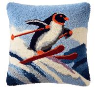 Taxpy Pre-Printed DIY Embroidery Latch Hook Pillow Cover Kit,Skiing Penguin,43X43Cm Animal Cross Stitch Cushion Covers Kits DIY Craft Needlework Pillowcase Latch Hook Cushion Kits for Kids Adults