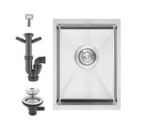 TAXXII 30x40cm Kitchen Sink, 304 Stainless Steel Small Bar 14cm Deep Undermount/Topmount with Complete Waste Kit, 2 Extra Inlets for Dishwasher & Washing Machine, Single Bowl， Brushed Fin