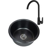 TAXXII Kitchen Single Bowl Sink Black Round Stainless Steel With Drain Assembly & Big Bend Faucet Drop-In Or Undermount Installation (Color : Black, Size 32x32x18cm)