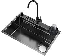TAXXII Kitchen Sink with Tap, Cup Washer, Knife Shelf & Drain Accessories, Thicken 304 Stainless Steel Single Bowl Sink, Large for Kitchen, Balcony, Bar (Size : 68x45x22cm-A2-2)