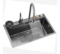 TAXXII Stainless Steel Kitchen Sink Workstation, Nano Raindance Waterfall Design with Pull-Out Faucet, Integrated Removable Faucet for Vegetable Basin