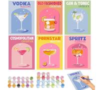 TayBong 6 Pack Paint by Numbers Kits for Adults, Cocktails DIY Acrylic Painting on Canvas with Brush and Paints, Beginner Friendly Art Set for Home Wall Decor 20x30cm Frameless