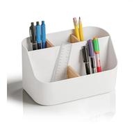 TayBong Desk Organiser, 5 Compartment White Desk Tidy with Bamboo Dividers