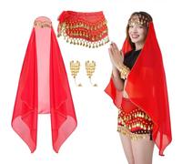 Tayfremn 4Pcs Gypsy Costume Women Halloween Gypsy Outfit Accessories Belly Dancer Costumes Women Pirate Accessories with Head Scarf Belly Dance Hip Scarf Bracelet (Red)