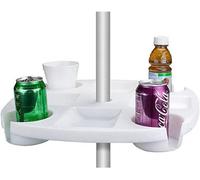 Taylor & Brown 17 Inch Round Beach Umbrella Table Tray, 4 Cup Holders & Snack Storage, Plastic, White Garden & Pool Use