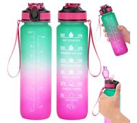 Taylor & Brown 1L Water Bottle with Straw, BPA-Free Leakproof Sports Bottle with Time Markings, Reusable Plastic Drink Bottle for Gym, Cycling, School, Office, Outdoor for Kids & Adults (Pink/Green)