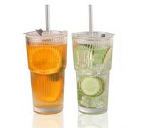 Taylor & Brown 2 Pack 600Ml Ribbed Glass Tumblers, Thickened Iced Coffee Cup With Lids & Straws, Smoothie & Cocktail Glassware
