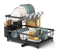 Taylor & Brown 2 Tier Black Large Dish Drainer Drying Rack Drying for Kitchen Sink with Drip Tray, Stainless Steel Metal Anti Rust Wide Plate Bowl Draining Washing Up Holder, Extra Big Spout Drainage