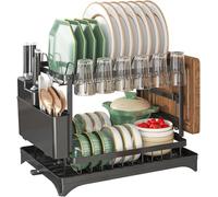 Taylor & Brown 2 Tier Dish Drainer Rack for Kitchen Counter - Space-Saving Dish Rack with Utensil Holder and Cutting Board Holder Large Capacity Drying Rack with Draining Board, Black