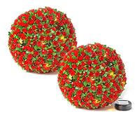 Taylor & Brown 28cm Solar Powered 20 LED Rose Artificial Topiary Ball Hanging Ornament Boxwood Garden Ultra Bright Light Decorative Two Functions (2 Pack, Red)
