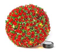 Taylor & Brown 28cm Solar Powered 20 LED Rose Artificial Topiary Ball Hanging Ornament Boxwood Garden Ultra Bright Light Decorative Two Functions (1 Pack, Red)