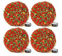 Taylor & Brown 28cm Solar Powered 20 LED Rose Artificial Topiary Ball Hanging Ornament Boxwood Garden Ultra Bright Light Decorative Two Functions (4 Pack, Red)