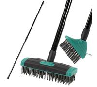 Taylor & Brown 3 in 1 Telescopic Weed Remover Brush Wire Head Paving Decking Clean Scrub Moss Weed Remover Tool Wire Brush Scraper Set with Metal Broom & Weed Removal Head Green