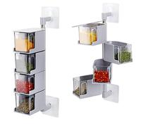 Taylor & Brown 4 Layer Creative Adhesive Wall Hanging Rotary Seasoning Box Condiment Storage Container Kitchen with Spoon Pepper Sugar Spice Jar Rack Food, Grey
