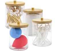 Taylor & Brown 4 Pack Qtip Holder, Apothecary Jars W/ Bamboo Lids Cotton Pad, Ball, Swab, Floss & Hair Clip Organizer
