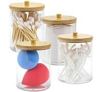 Taylor & Brown 4 Pack Qtip Holder for Bathroom - Apothecary Jars with Bamboo Lids, Cotton Pad Holder Qtip Dispenser Canisters Swab Pads for Cotton Ball, Floss, Hair Clips