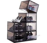 Taylor & Brown 6 Pack Black Transparent Shoe Storage Boxes Hard Plastic Stackable Shoe Box Organiser Containers Bins Drawer Type Front Space Saving with Magnetic Door Sturdy & Durable
