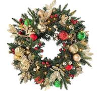 Taylor & Brown 60cm Pre-Lit Artificial Christmas Xmas Wreath Battery Operated 35 LED Lights with Gold, Green, and Red Ornaments, Glittering Gold Leaf Steams for Front Door Holiday Home Decorations