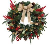 Taylor & Brown 60Cm Pre-Lit Christmas Wreath, Rustic Pinecones & Berries, Battery-Operated Lighted Wreath For Front Door, Outdoor