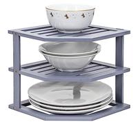 Taylor & Brown Bamboo Cabinet Shelf Organiser - 3 Tier Corner Shelf for Kitchen & Bathroom Countertop Cabinet Organiser Plate Rack Tidy Cupboard Shelf Insert Storage Organisation (Grey)