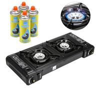 Taylor & Brown Black Portable Dual Burner Camping Stove with 4 Butane Gas | EN417 Compliant Premium Camping Stove Gas Portable | with Automatic Ignition & Heat Control