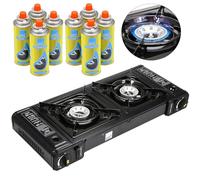 Taylor & Brown Black Portable Dual Burner Camping Stove with 8 Butane Gas | EN417 Compliant Premium Camping Stove Gas Portable | with Automatic Ignition & Heat Control