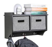 Taylor & Brown Black Wooden Wall Mounted 3 Hook Coat Rack Display Storage Unit Shelf Modern Hallway Organiser Hooks Stand Hat with 2 Fabric Baskets - W60 x D20 x H34cm